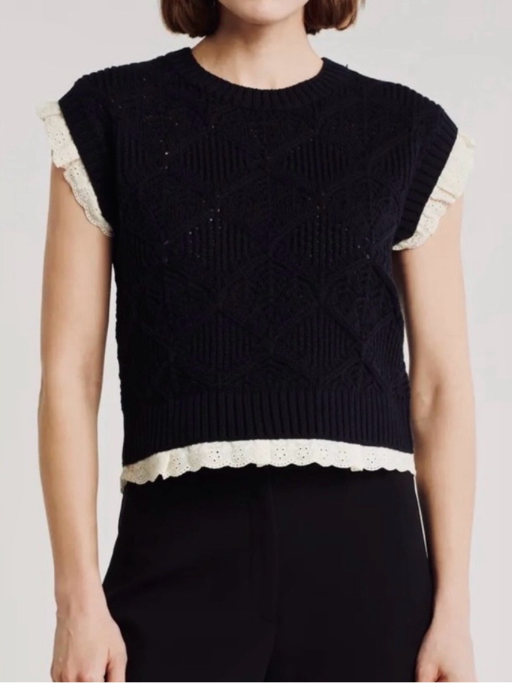 Elie Tahari Black Knit Lace-Trim Sleeveless Sweater Vest